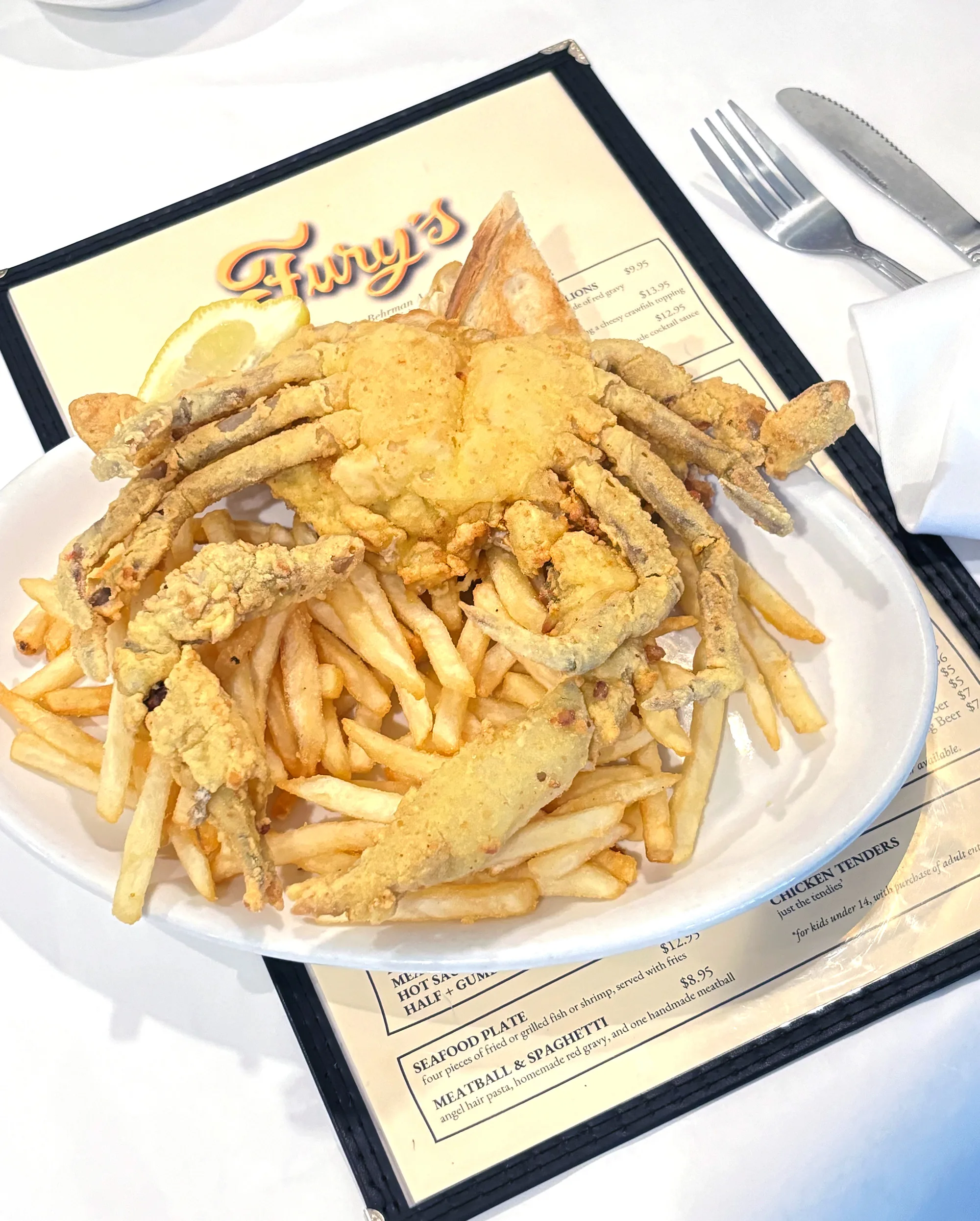 Softshell crab freshly prepared at Fury's Restaurant during Jazzfest